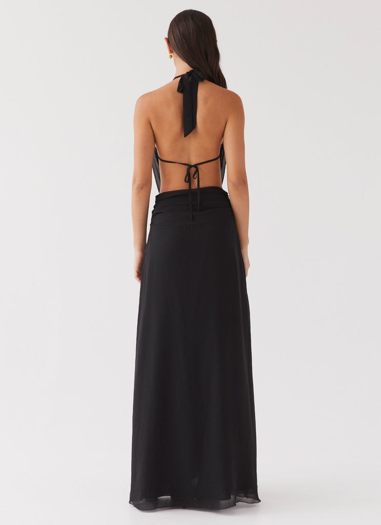 Womens Elysia Chiffon Maxi Dress in the colour Black in front of a light grey background