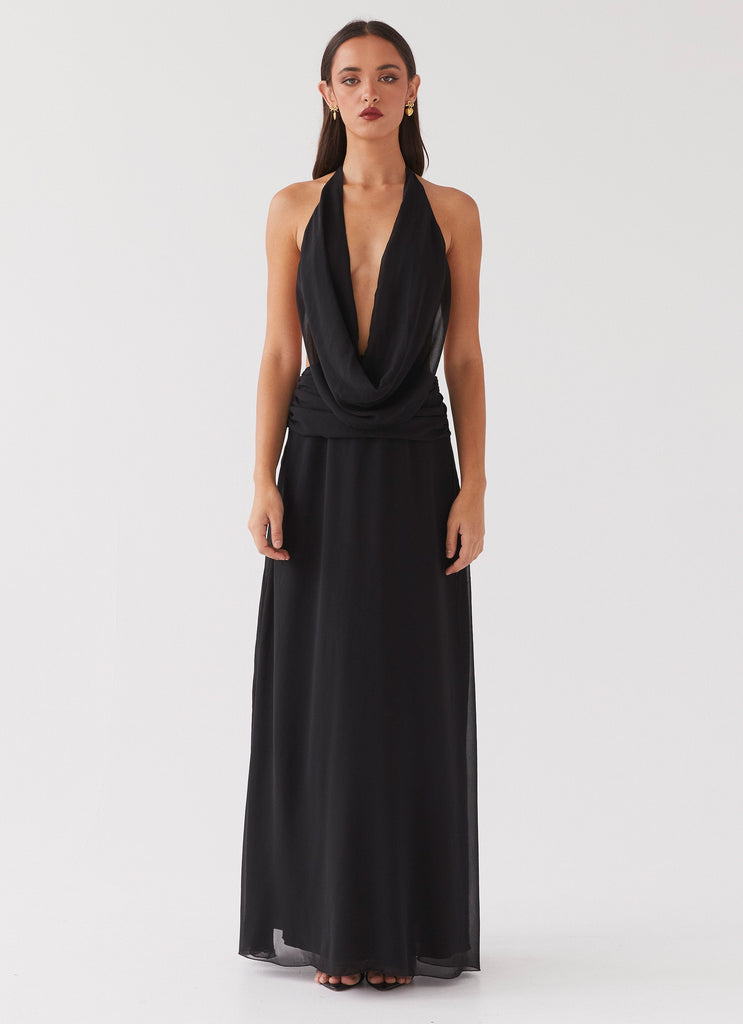 Womens Elysia Chiffon Maxi Dress in the colour Black in front of a light grey background