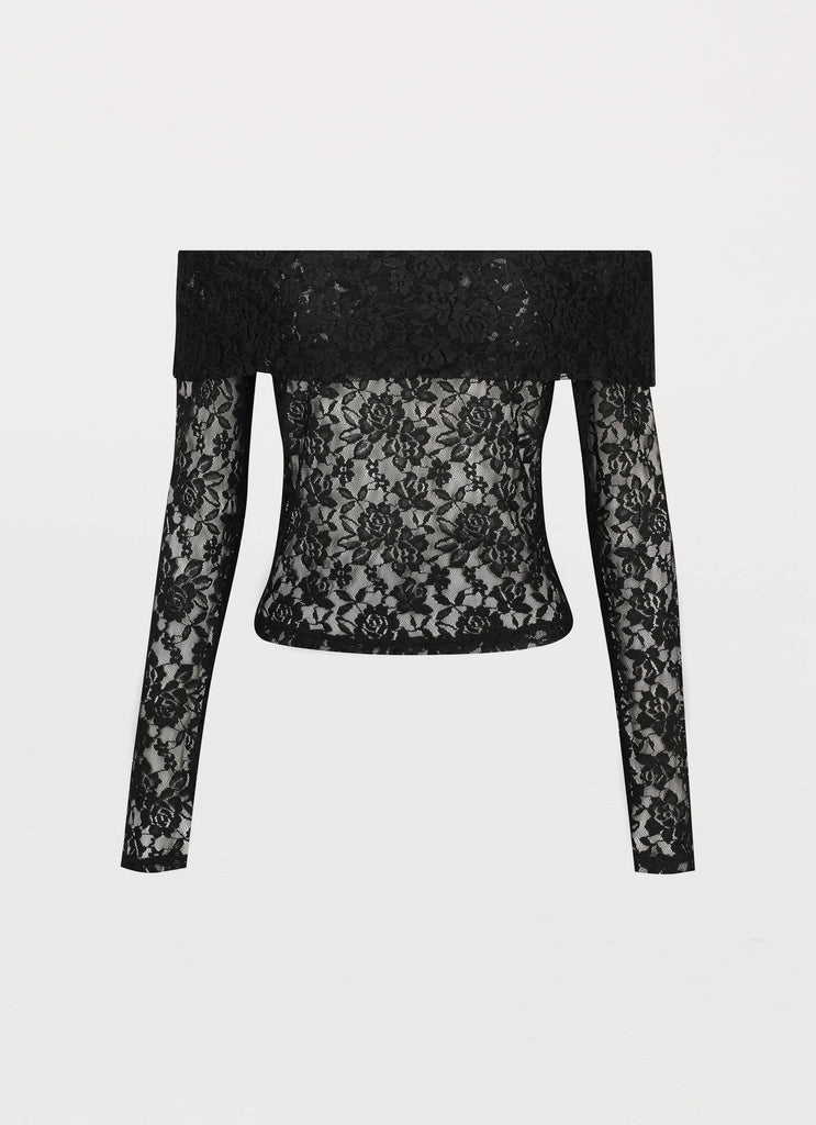 Womens Zephyra Lace Long Sleeve Top in the colour Black in front of a light grey background