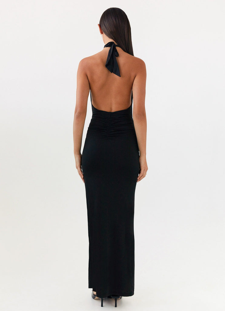 Womens Samara Halterneck Maxi Dress in the colour Black in front of a light grey background