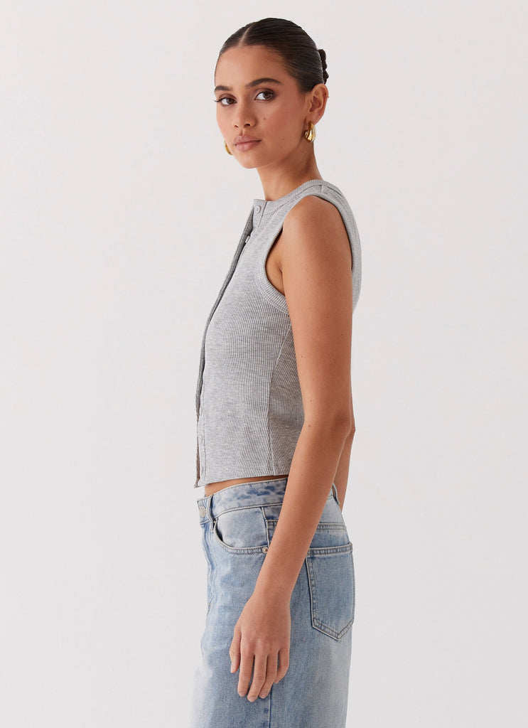 Womens Blair Buttoned Tank Top in the colour Grey Marle in front of a light grey background