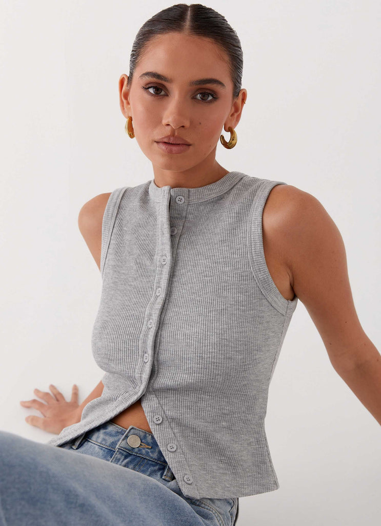 Womens Blair Buttoned Tank Top in the colour Grey Marle in front of a light grey background