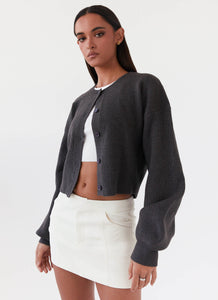 Womens Daphne Knit Cardigan in the colour Charcoal in front of a light grey background