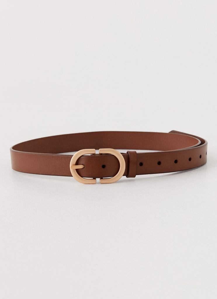 Womens Slander Belt in the colour Dark Brown in front of a light grey background