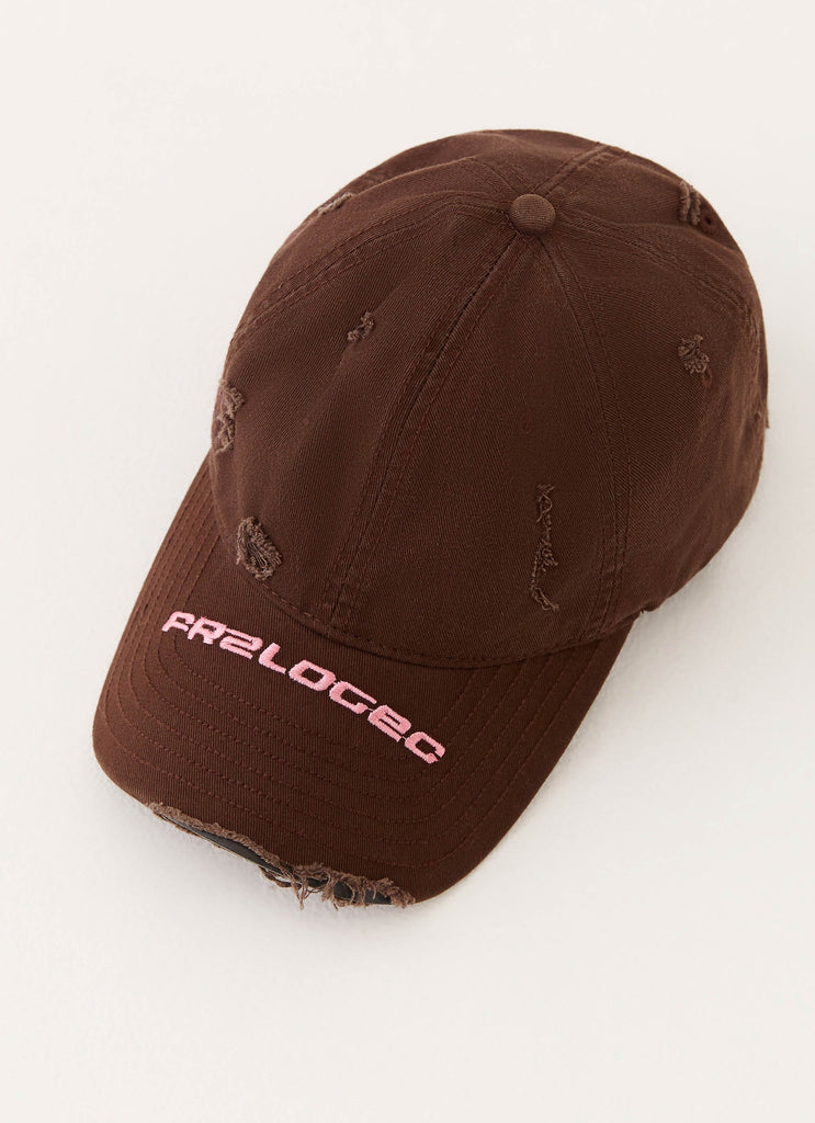 Womens Sucker Frayed Baseball Cap in the colour Brown in front of a light grey background