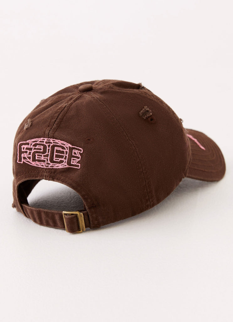 Womens Sucker Frayed Baseball Cap in the colour Brown in front of a light grey background