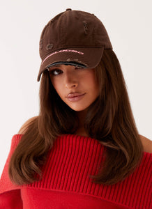 Womens Sucker Frayed Baseball Cap in the colour Brown in front of a light grey background