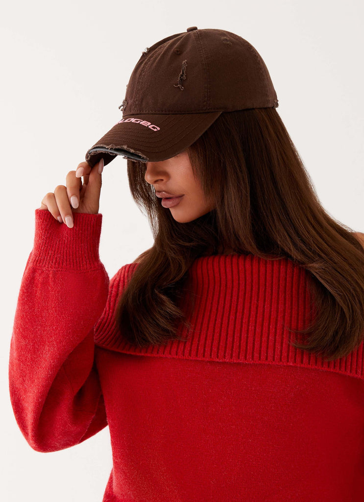 Womens Sucker Frayed Baseball Cap in the colour Brown in front of a light grey background