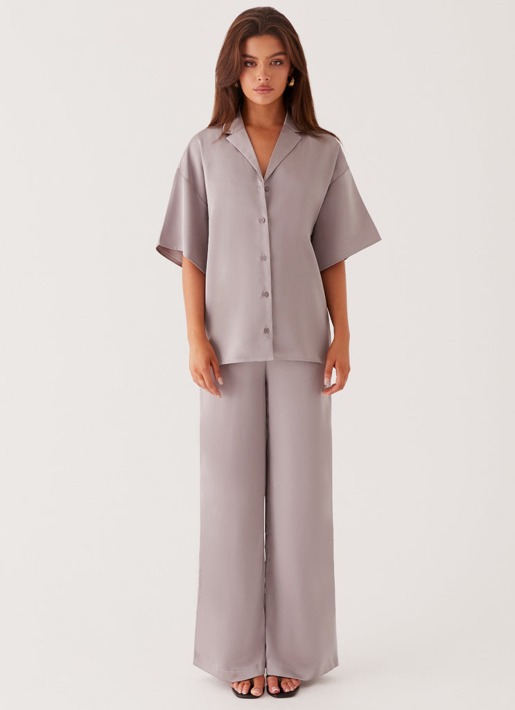 Womens Palm Cove Satin Shirt in the colour Grey in front of a light grey background