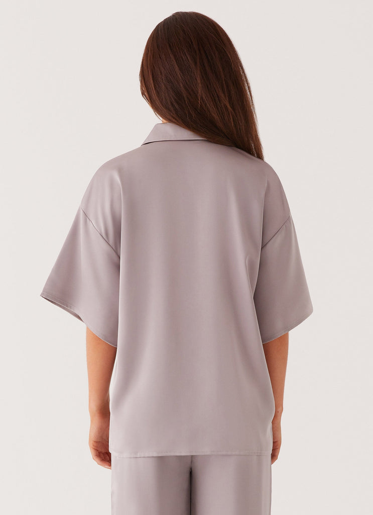 Womens Palm Cove Satin Shirt in the colour Grey in front of a light grey background