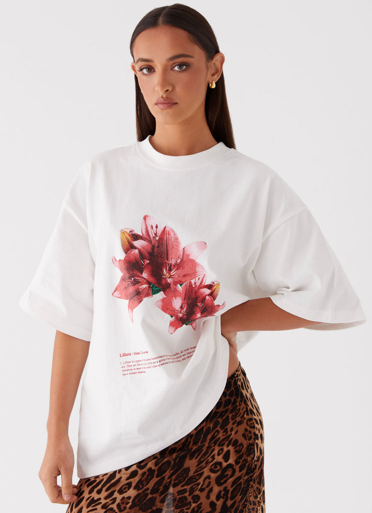 Womens Born To Have Fun Oversized Graphic Tee in the colour Tulip in front of a light grey background