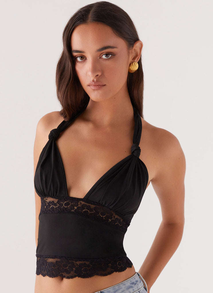 Womens Ocean Plunge Lace Trim Top in the colour Black in front of a light grey background