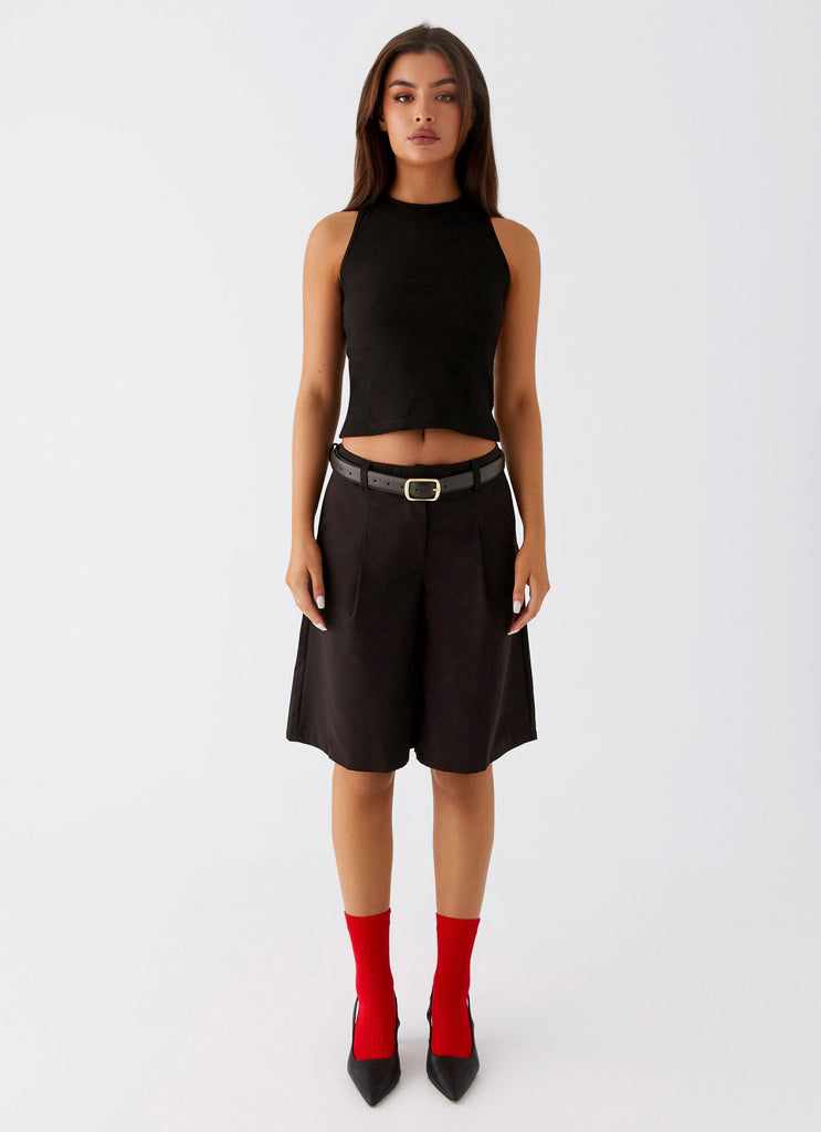 Womens Jeni Long Tailored Jorts in the colour Black in front of a light grey background