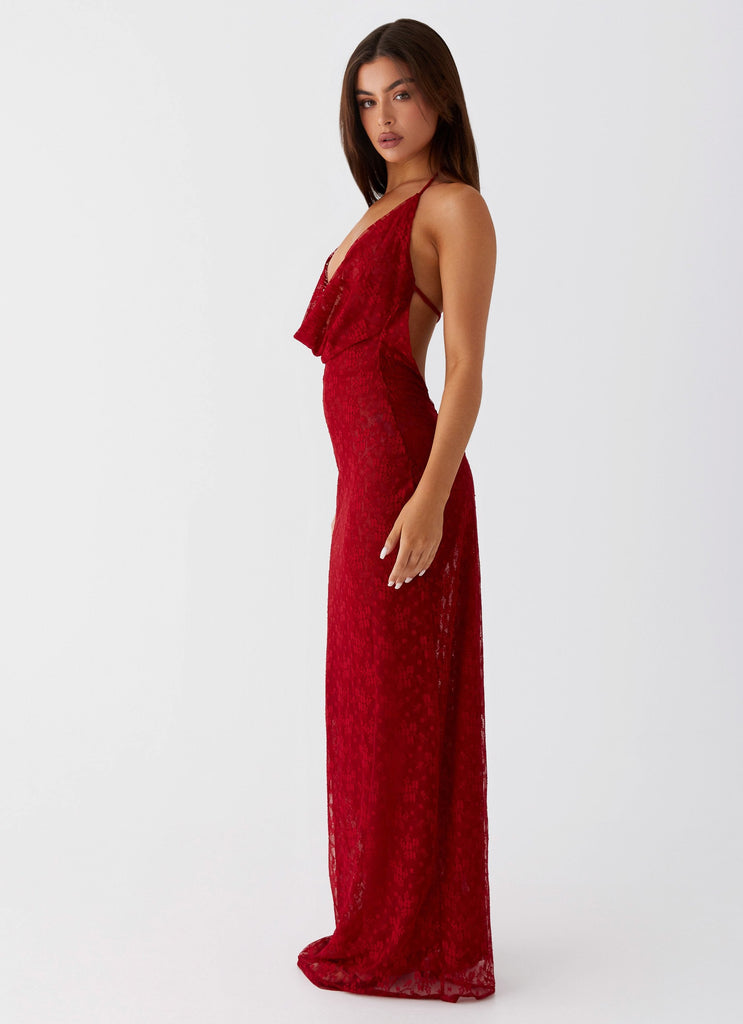 Womens Champagne Coastline Maxi Dress in the colour Dark Red in front of a light grey background