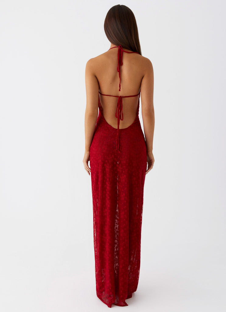 Womens Champagne Coastline Maxi Dress in the colour Dark Red in front of a light grey background