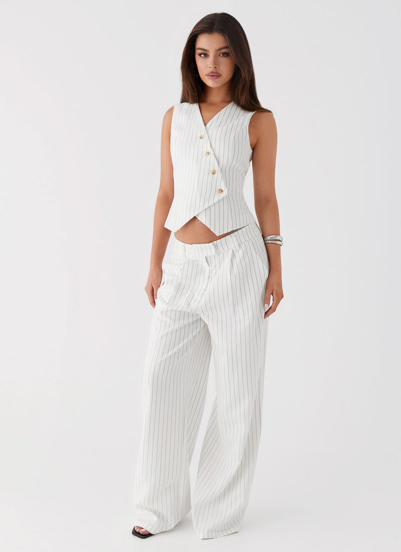 Womens Kayla Vest Top in the colour White Pinstripe in front of a light grey background