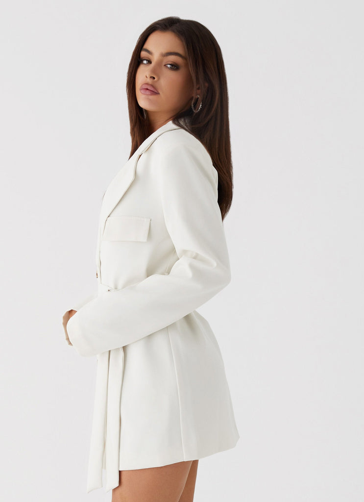 Womens Safia Blazer Mini Dress in the colour White in front of a light grey background