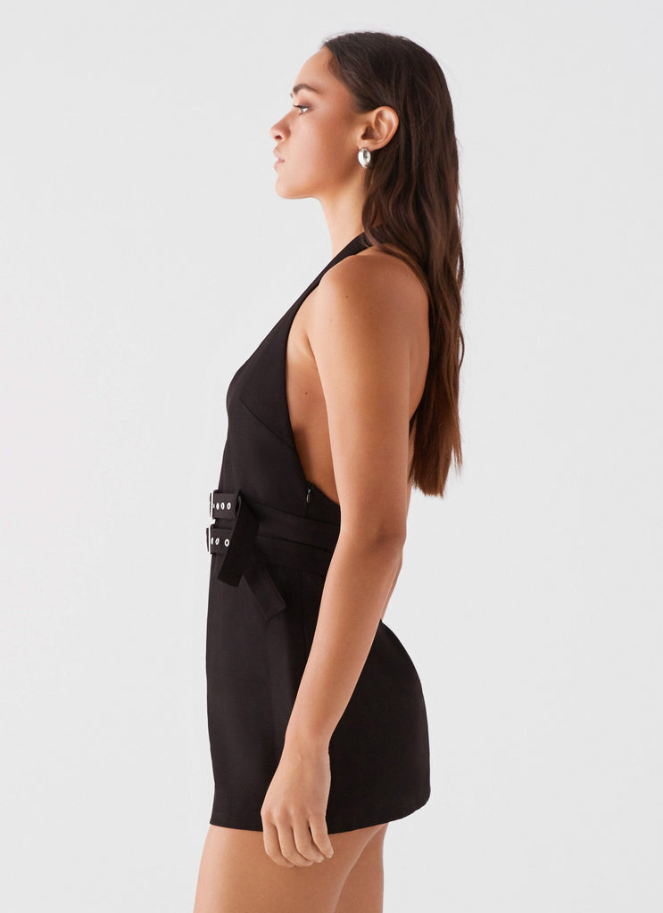 Womens Highway Life Halter Mini Dress in the colour Black in front of a light grey background