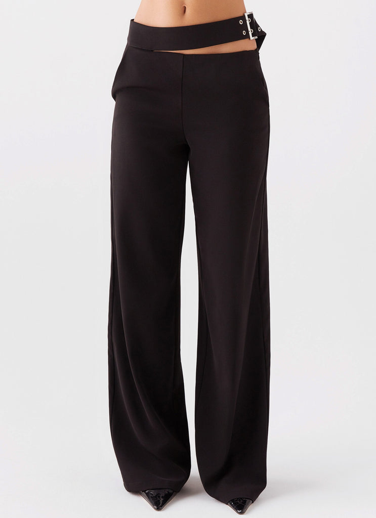 Womens The After Party Cut Out Belt Pants in the colour Black in front of a light grey background