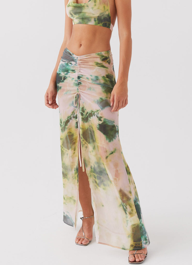 Womens Zenta Ruched Maxi Skirt in the colour Rainforest in front of a light grey background