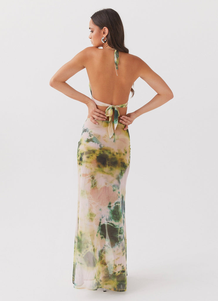 Womens Zenta Ruched Maxi Skirt in the colour Rainforest in front of a light grey background