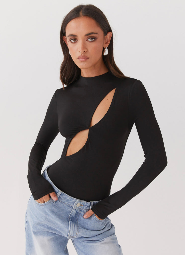 Womens Special Affair Long Sleeve Bodysuit in the colour Black in front of a light grey background