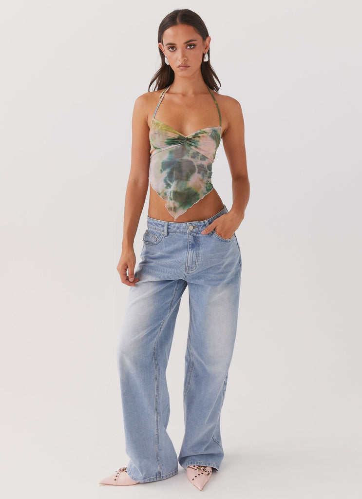 Womens Radiant Dream Mesh Halterneck Top in the colour Rainforest in front of a light grey background