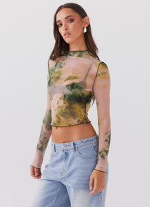 Womens Neon Serenade Mesh Long Sleeve Top in the colour Rainforest in front of a light grey background