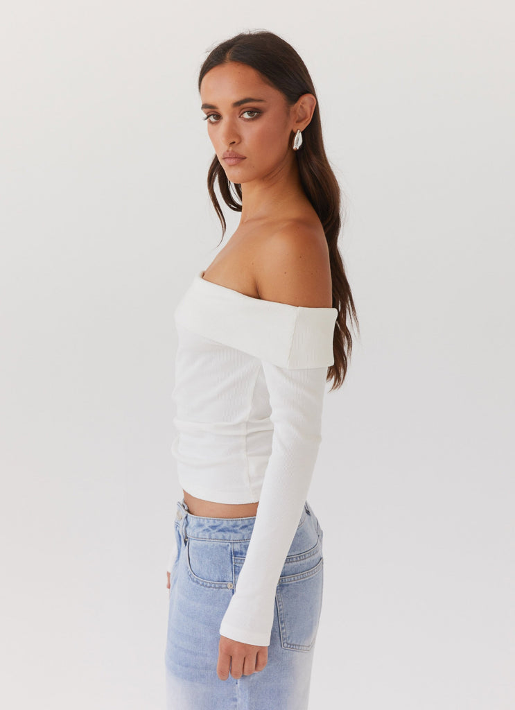 Womens Hayley Long Sleeve Ribbed Top in the colour White in front of a light grey background