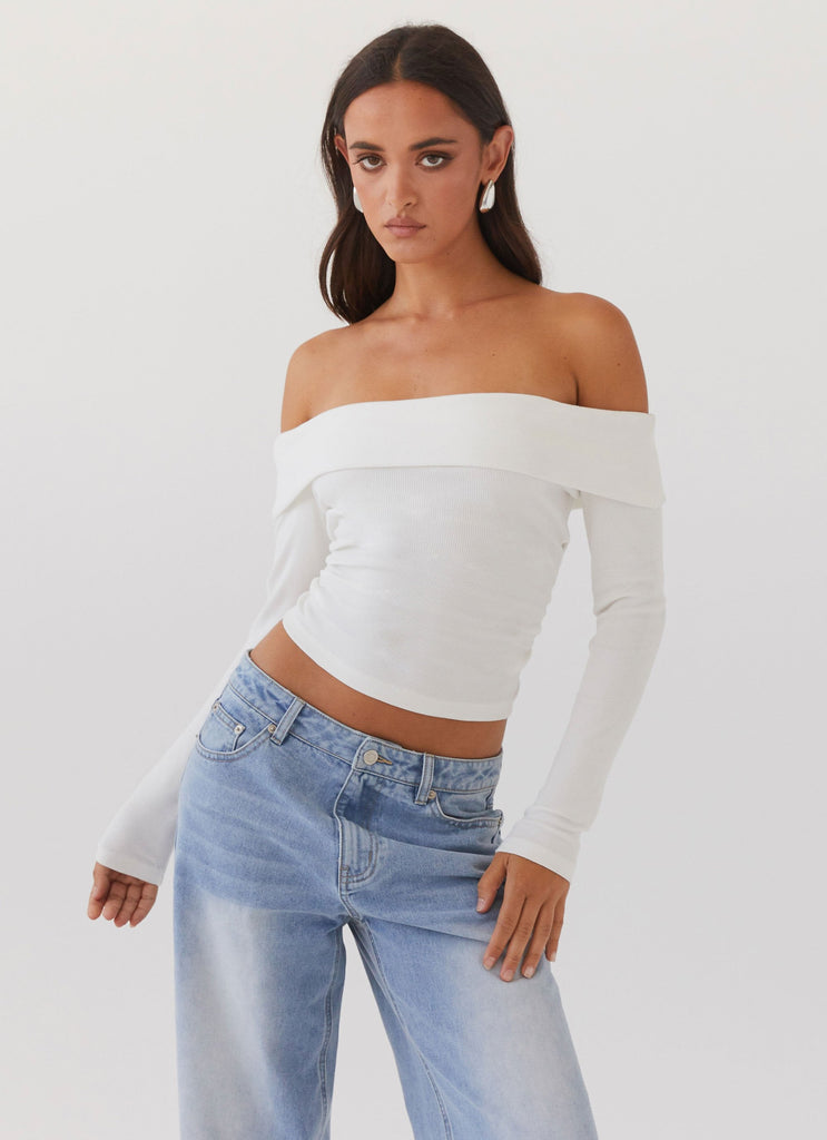 Womens Hayley Long Sleeve Ribbed Top in the colour White in front of a light grey background