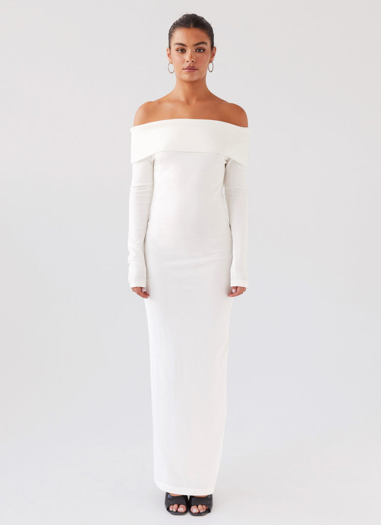 Womens Alexandra Off Shoulder Knit Maxi Dress in the colour Ivory in front of a light grey background