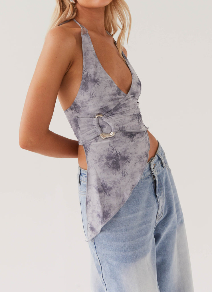 Womens Cady Halterneck Top in the colour Twilight Smoke in front of a light grey background