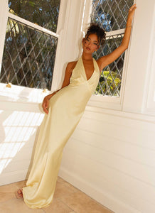 Womens Heavy Hearted Satin Maxi Dress in the colour Lemon in front of a light grey background