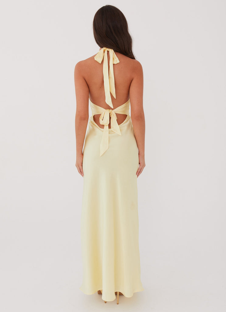 Womens Heavy Hearted Satin Maxi Dress in the colour Lemon in front of a light grey background