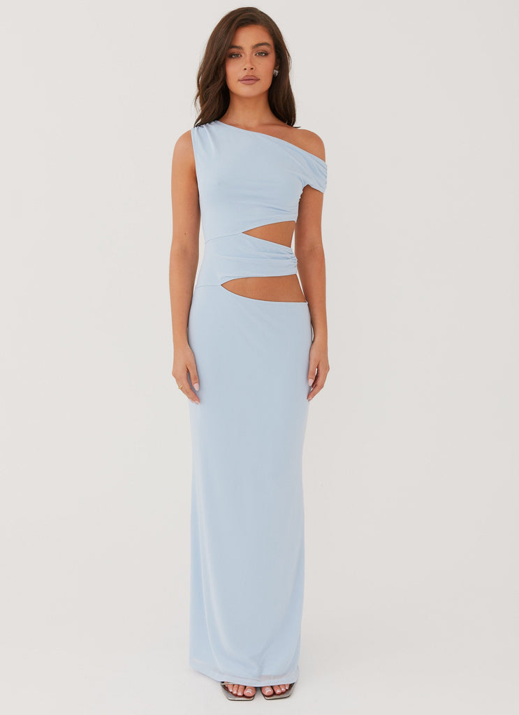 Womens Margot One Shoulder Maxi Dress in the colour Sky Blue in front of a light grey background