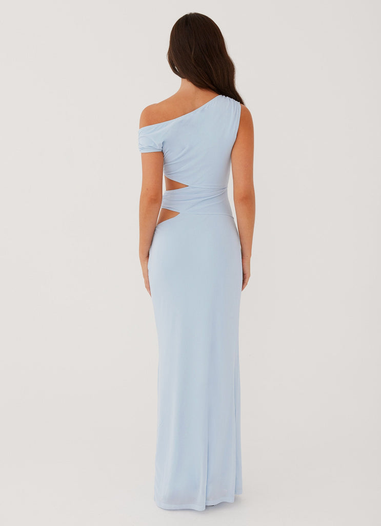 Womens Margot One Shoulder Maxi Dress in the colour Sky Blue in front of a light grey background