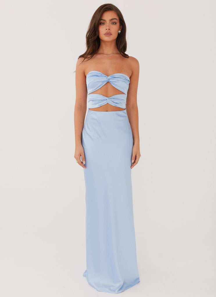 Womens Tianna Strapless Maxi Dress in the colour Ice Blue in front of a light grey background