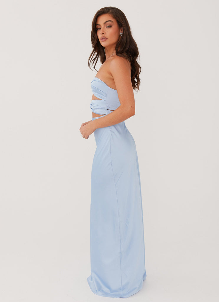 Womens Tianna Strapless Maxi Dress in the colour Ice Blue in front of a light grey background