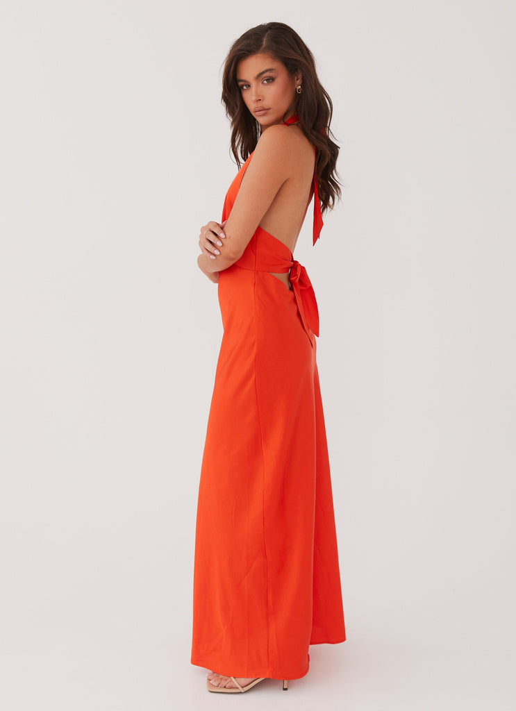 Womens Heavy Hearted Satin Maxi Dress in the colour Sunset in front of a light grey background