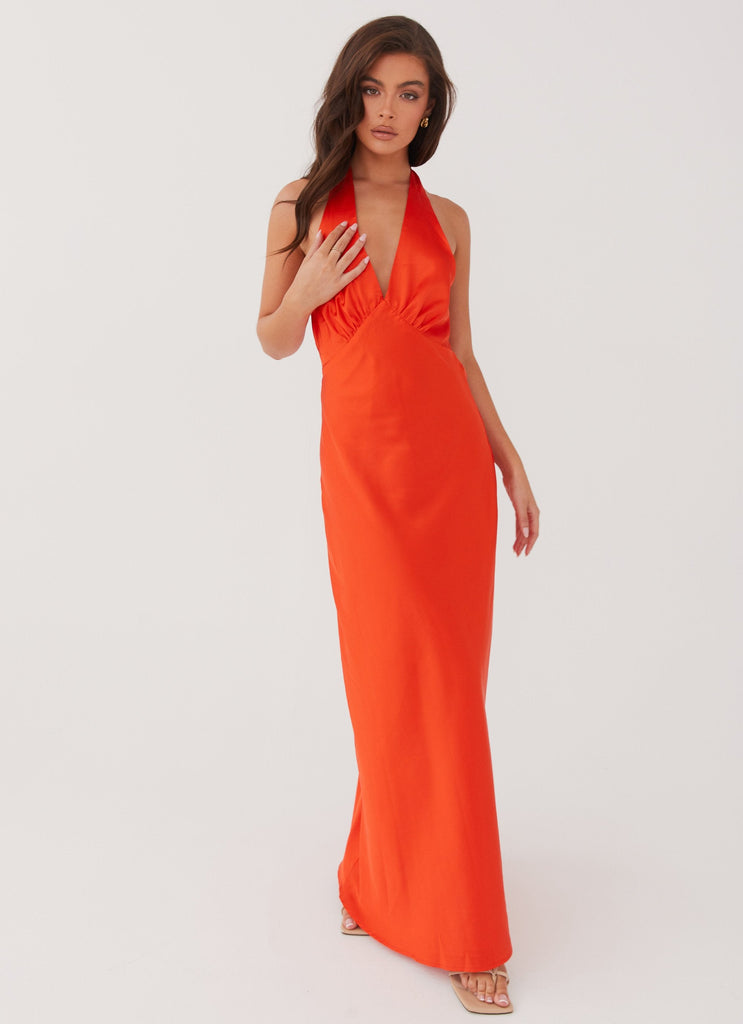 Womens Heavy Hearted Satin Maxi Dress in the colour Sunset in front of a light grey background