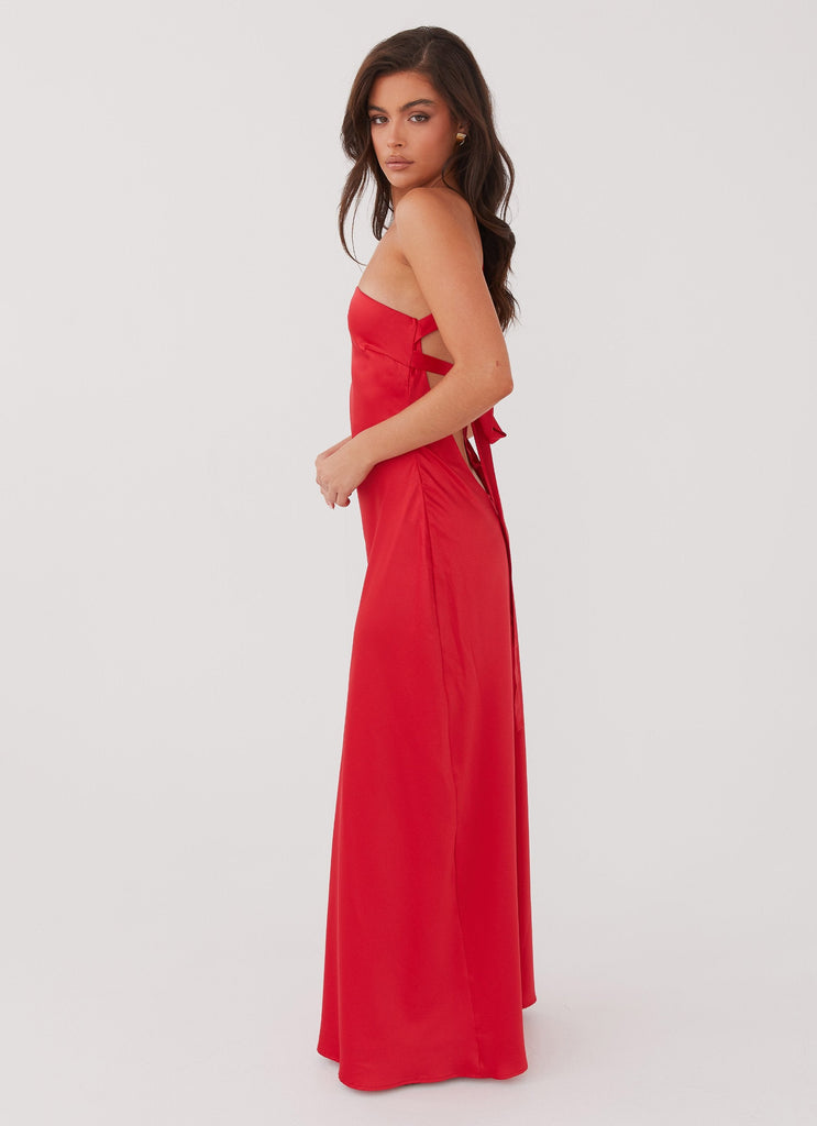 Womens Delancy One Shoulder Maxi Dress in the colour Rouge Red in front of a light grey background