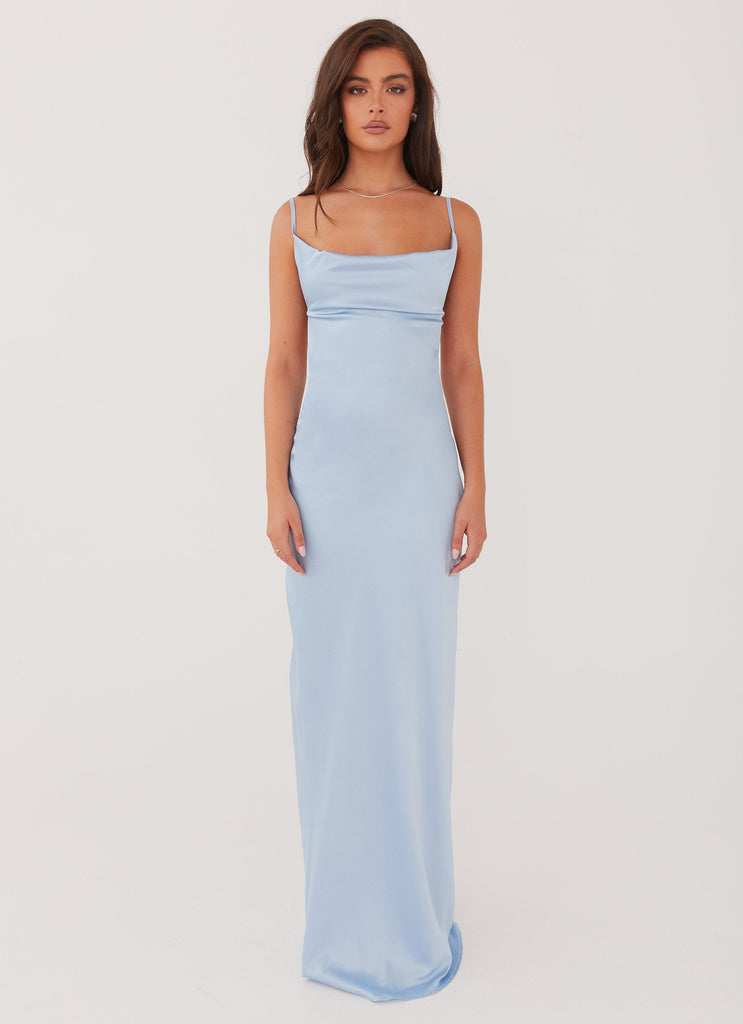 Womens Coastal Escape Satin Maxi Dress in the colour Ice Blue in front of a light grey background