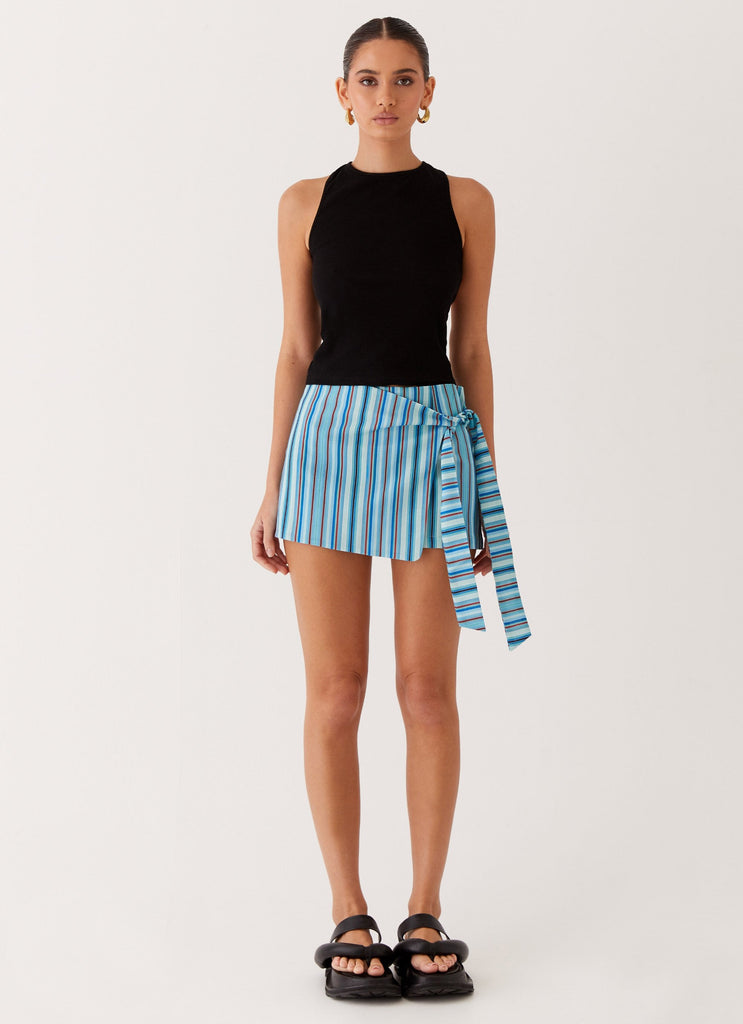 Womens Steal Away Linen Wrap Skirt in the colour Blue Stripe in front of a light grey background