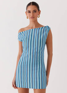 Womens Saona Off Shoulder Mini Dress in the colour Blue Stripe in front of a light grey background