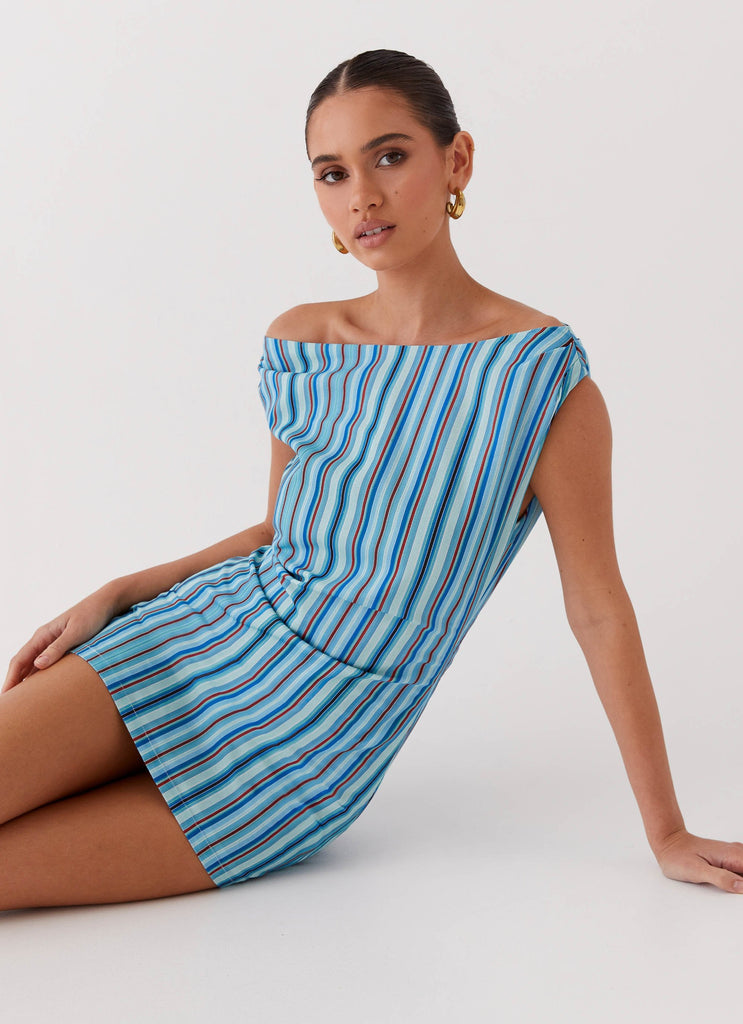 Womens Saona Off Shoulder Mini Dress in the colour Blue Stripe in front of a light grey background