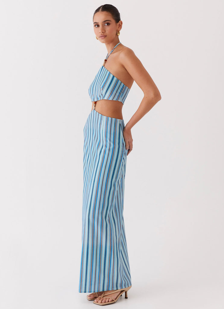 Womens Libby Linen Maxi Dress in the colour Blue Stripe in front of a light grey background