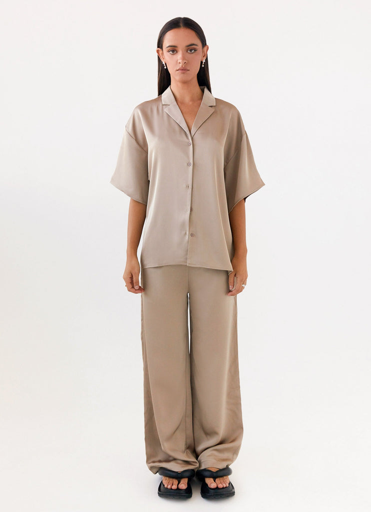 Womens Palm Cove Satin Shirt in the colour Mushroom in front of a light grey background