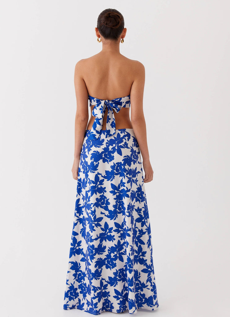 Womens Sky Gaze Low Rise Maxi Skirt in the colour Blue Floral in front of a light grey background