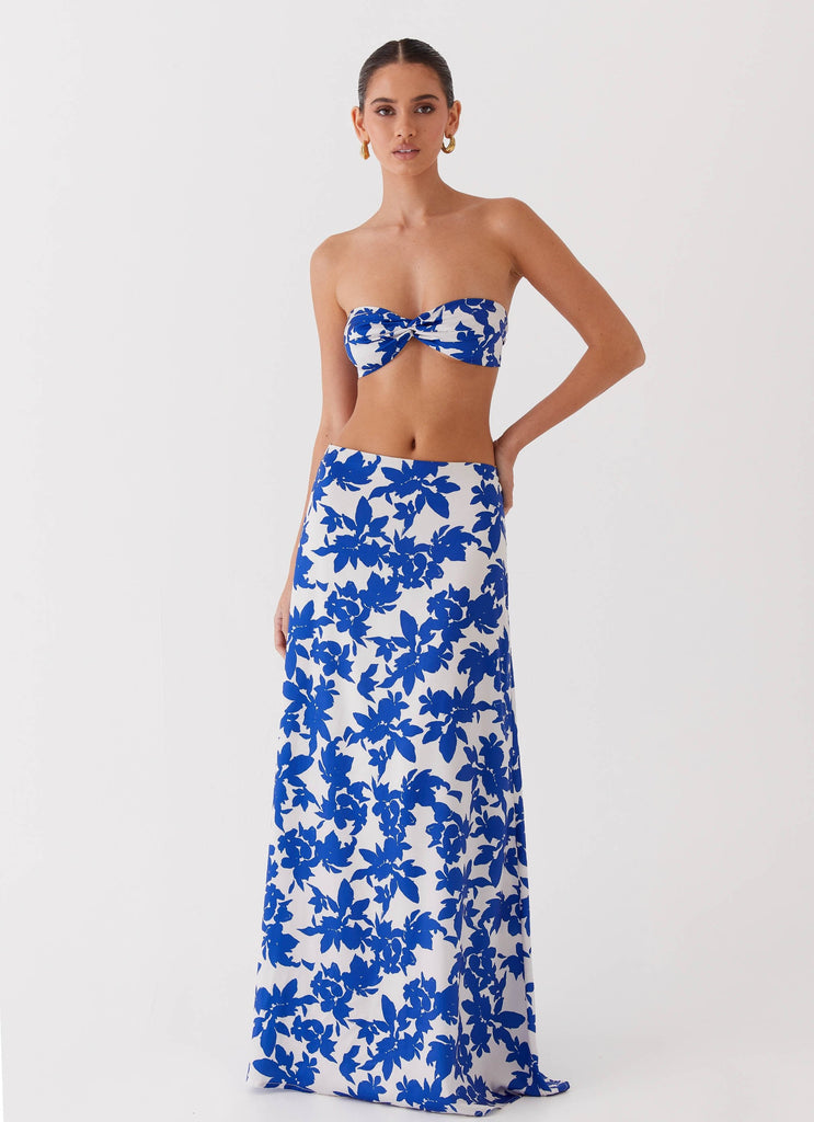 Womens Sky Gaze Low Rise Maxi Skirt in the colour Blue Floral in front of a light grey background