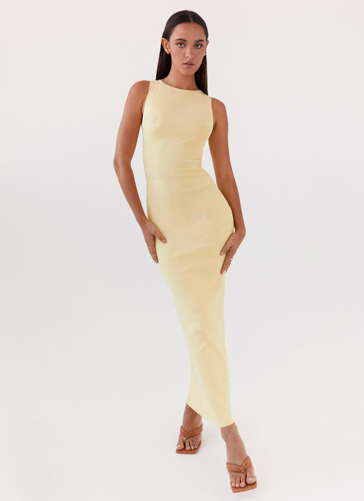 Womens Holly Knit Maxi Dress in the colour Yellow in front of a light grey background